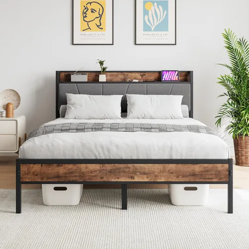 Vista 35 de BOFENG Base de cama de tamaño matrimonial con cabecera de almacenamiento, estación de carga USB, plataforma de metal resistente, marco de cama doble