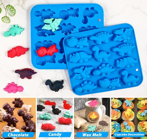 Vista 7 de Webake Moldes de silicona para caramelos de dinosaurio de 12 cavidades con forma de T-rex, Stegosaurus, triceratops, ideal para dulces, chocolate