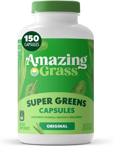 Amazing Grass Greens Blend Superfood - Cápsulas de polvo de vegetales con espirulina, clorella, raíz de remolacha, enzimas digestivas y probióticos,