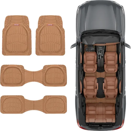 Vista 2 de Motor Trend Original FlexTough Beige Rubber Car Floor Mats for 3 Row Vehicles, Front & Rear 2nd Row Deep Dish All Weather Automotive Heavy Duty Trim