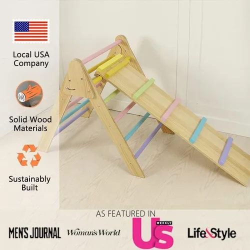 Vista 3 de Avenlur Olive - Escalera triangular plegable 3 en 1 y tobogán - Juego de escalada Montessori - Gimnasio de escalada de madera para interiores