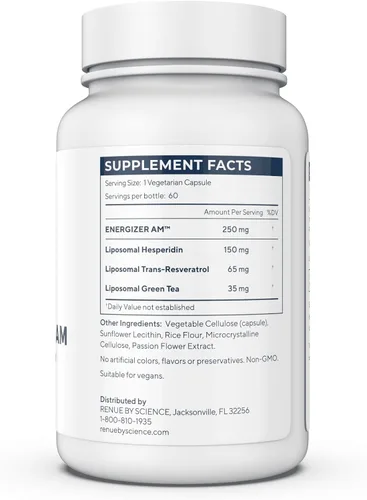 Vista 2 de Renue By Science Energizer AM Suplemento de resveratrol liposomal y té verde 60 cápsulas con resveratrol trans (65 mg) de hesperidina (150 mg)