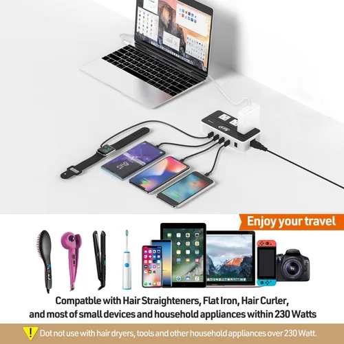 Vista 6 de Key Power Convertidor de voltaje reductor de 220 V a 110 V de 230 vatios y adaptador de viaje internacional/convertidor de corriente con puerto