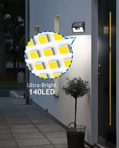 Vista 7 de Peasur Luces solares impermeables para exteriores, paquete de 4 140 luces LED con sensor de movimiento, 3 modos de luces de seguridad alimentadas