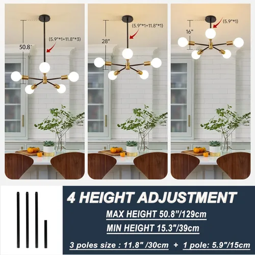 Vista 3 de RUIYEY Lámpara Sputnik Moderna, Lámpara de Techo Semiempotrada Negra y Dorada, Candelabros de Mediados de Siglo para Dormitorio, Comedor, Isla