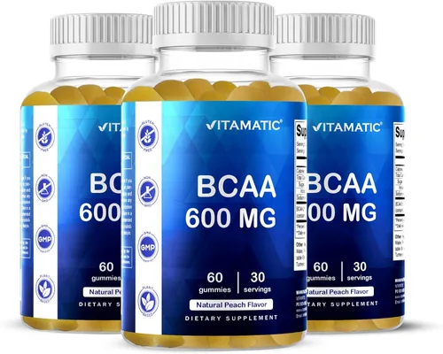 Vista 10 de Vitamatic BCAA Gummies - Suplementos de aminoácidos de cadena ramificada, sabor a melocotón, 600 mg por porción, 60 gomitas veganas a base