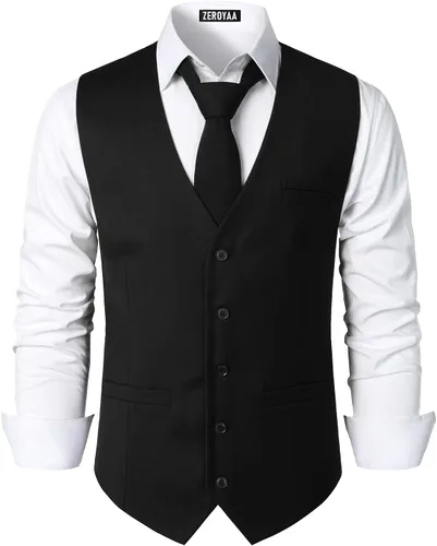 ZEROYAA Chaleco de hombre de diseño urbano hipster con 3 bolsillos, chaleco de vestir formal de negocios para traje o esmoquin Zlsv16-negro