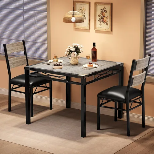 Vista 11 de Garvee Juego de 2 mesas de comedor de madera para 2 con sillas tapizadas, juego de 2 sillas de mesa de cocina con protector de esquina, juego