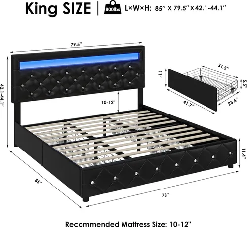 Vista 2 de Keyluv Base de cama LED tapizada tamaño King con 4 cajones de almacenamiento y cabecera capitonada ajustable con botón de cristal, plataforma