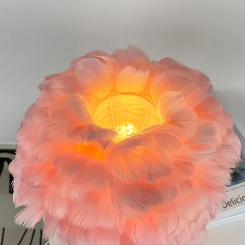 Vista 5 de Meefad Lámpara de noche de plumas, luz nocturna LED moderna con base de cerámica, lámpara de mesa rosa para dormitorio