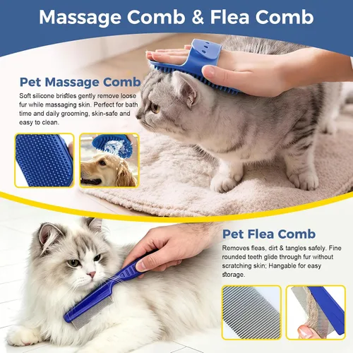 Vista 5 de 11 Piece Dog Grooming Kit - Hair, Nail, Massage Bath Supplies For Pets Cats Blue