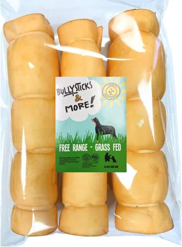 Vista 13 de BULLYSTICKS & MORE Rollos de carrillera de res de 5-6" para perros (envueltos en pollo - 3 unidades) - Huesos de carrillera de res para perros