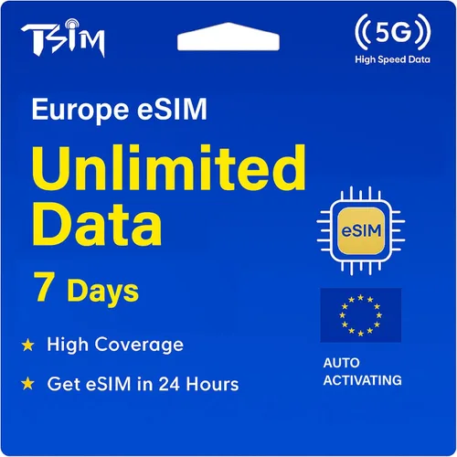 Vista 8 de Tarjeta SIM de viaje para Europa - 7 días de datos ilimitados en 36 países Red 5G de alta cobertura Prepago y activación automática