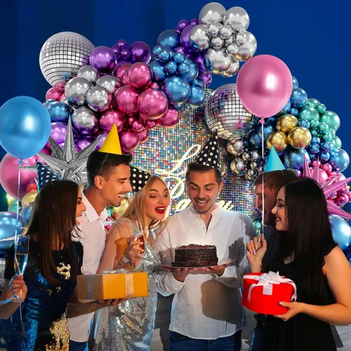 Vista 7 de FOTIOMRG Kit de arco de globos de discoteca de 135 piezas con globos de bola de discoteca, globos metálicos plateados, azul, verde, morado, rosa