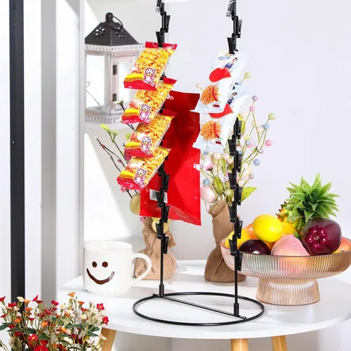 Vista 3 de Estante Expositor de Aperitivos con Clips para Mostrador, Soporte para Bolsas de Papas Fritas y Dulces, 2 Hileras con 30 Clips para Exhibidor