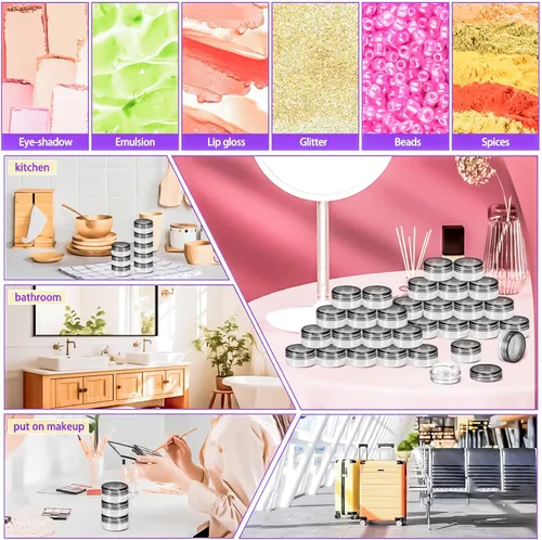 Vista 4 de MotBach 100 paquetes de botes de plástico de 3 g con tapas, botes de cosméticos redondos transparentes de 3 ml, botes de maquillaje de 3 gramos