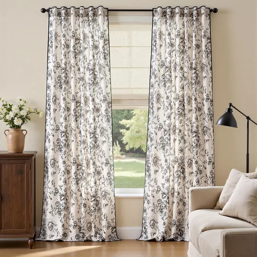 Vista 67 de JINCHAN Cortinas de mezcla de lino con flores para sala de campo francés, cortinas para sala de estar de 84 pulgadas de largo, cortinas impresas