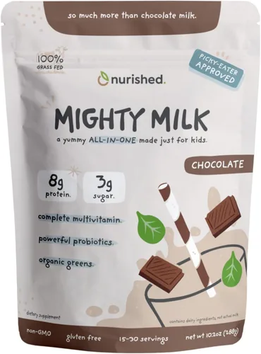 Mighty Chocolate Milk - Proteína diaria en polvo para niños potenciada con 2 mil millones de probióticos y hojas de espinaca orgánicas, sabores