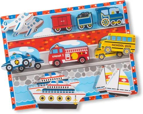 Melissa & Doug Vehículos Rompecabezas grueso de madera - Avión, tren, coches y barcos (9 piezas)