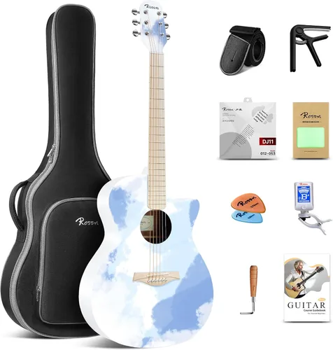 Vista 16 de Rosen Guitarra acústica Dreadnought de tapa sólida de 104 cm con abeto, para principiantes, con libro, bolsa acolchada, cuerdas, púas, llave Negro