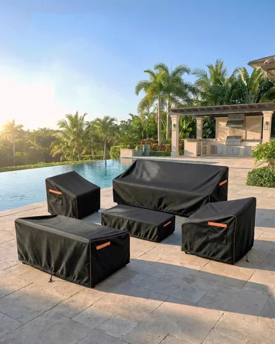 Vista 2 de Cubierta impermeable para muebles de exterior, juego de mesa y silla rectangular de 600D resistente de 64 pulgadas de ancho x 52 pulgadas de largo x