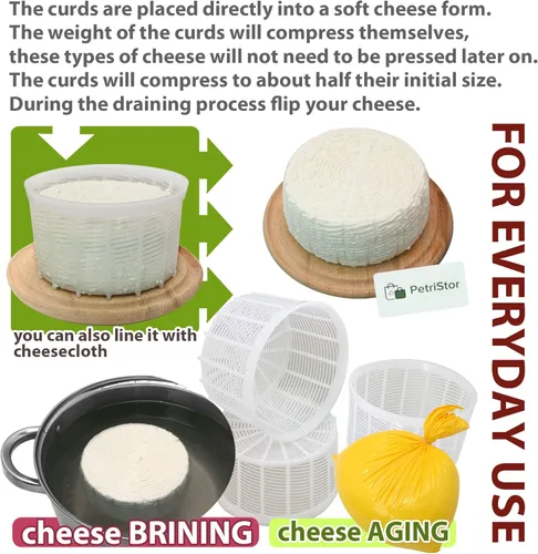 Vista 6 de PetriStor Molde de queso suave para queso, 3 piezas, 1.25 cuartos de galón, molde de queso mediano, suministros caseros para hacer queso, molde