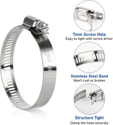 Vista 3 de Abrazadera de manguera, 10 abrazaderas de manguera de acero inoxidable de 2.5 pulgadas para tubo de manguera de 1 1/2 a 2 1/2 pulgadas, kit surtido