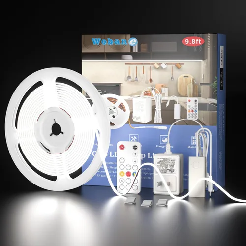 WOBANE - Tira de luz led con chip integrado y control remoto, 9.8 pies, luz blanca y regulable para cocina, techo, habitación, armario y encimera,