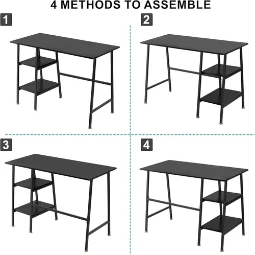 Vista 9 de VECELO Escritorio para computadora de 43 pulgadas, mesa de estudio, oficina, escritorio moderno con estantes, escritorio de madera para el Negro