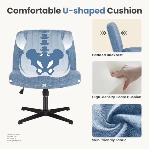 Vista 5 de DUMOS Criss Cross Chair with Wheels, Wide Cross Legged Office Desk Vanity Chairs, Fabric Armless Adjustable Swivel Chairs for Home Computer Task