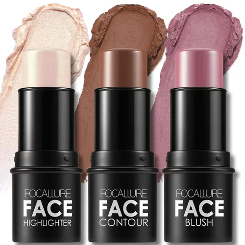 FOCALLURE 3 Piezas Barras de Contorno en Crema, Tonos con Iluminador y Bronceador y Rubor, Lápiz de Contorno Facial de Larga Duración No Graso,