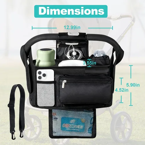 Vista 3 de Organizador Universal para Cochecito con Portavasos Aislado, Bolsa de Teléfono Desmontable y Correa para el Hombro, Caddy de Bolsa que se Adapta a