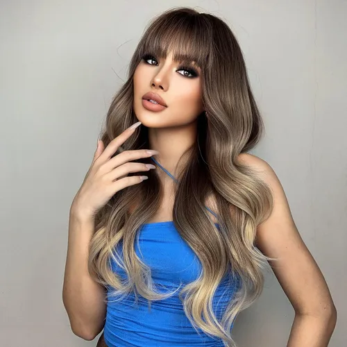 Peluca marrón con flequillo para mujer, peluca larga ombré marrón oscuro, peluca sintética ondulada con raya en medio, cabello natural resistente al