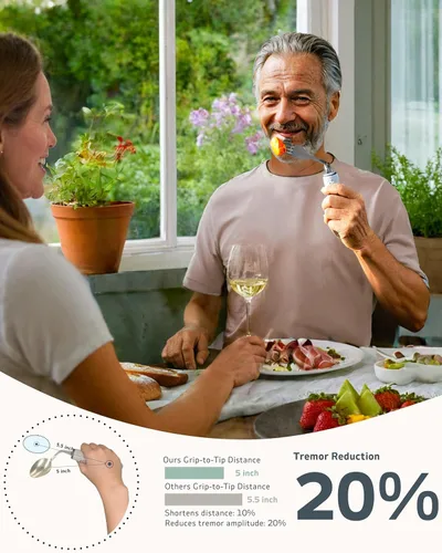 Vista 2 de Juego de 4 cubiertos adaptativos - cubiertos para Parkinson con ángulo de 42°, cubiertos ponderados de 2.5 oz para temblores de mano y pacientes