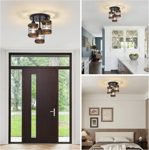 Vista 7 de PAUFUL Lámpara de techo semiempotrada, lámpara de araña de granja de 3 luces para montaje en techo, lámparas negras para pasillo con pantalla