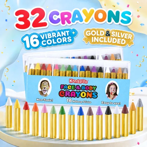 Vista 10 de Kangaroo 32 Washable Face Painting Kit for Kids, 16 Colors (2 Each)