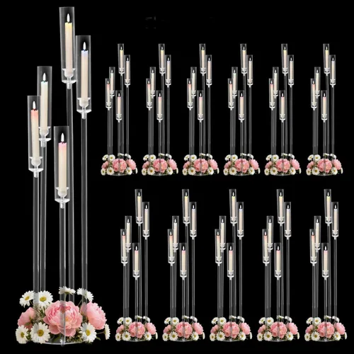 Vista 21 de Centros de mesa acrílicos de 5 brazos para bodas, candelabros de piso con pantalla extraíble para fiesta de Navidad, chimenea, día de San Valentín