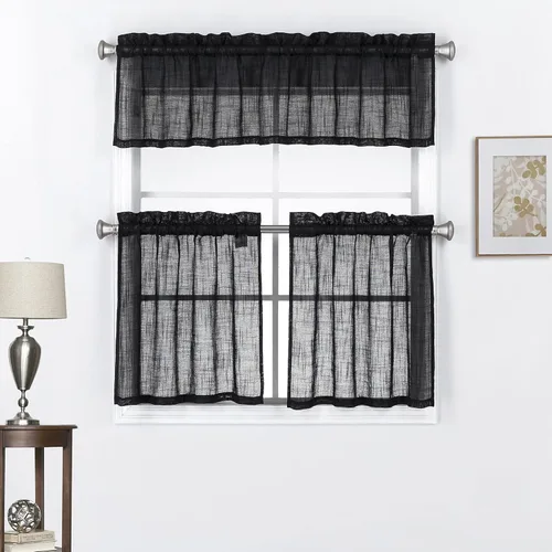 Vista 12 de Juego de 3 cortinas de lino texturizadas para ventana de café y cocina, 36 pulgadas de largo, color beige