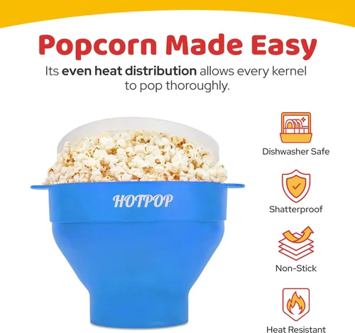 Vista 4 de El Hotpop Original - Palomitero para microondas, Popcorn, contenedor de silicona para hacer palomitas de maíz, cuenco plegable sin BPA y apto