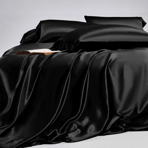 Vista 4 de Orose Juego de sábanas encimeras de seda Momme Charmeuse de 25 piezas, 100% seda de morera sin costuras, sábana superior (negro, Queen)