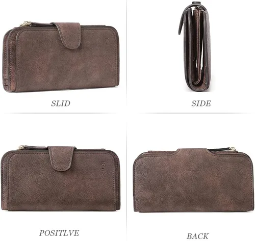 Vista 6 de Cartera para mujer, de piel, plegable, larga, con tarjetero, organizador para damas, encerada con aceite, de dos tonos color amarillo