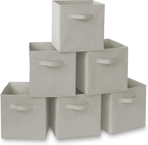 Casafield Juego de 6 cubos de almacenamiento plegables de tela, color gris claro, cestas de tela plegables de 11 pulgadas para estantes,