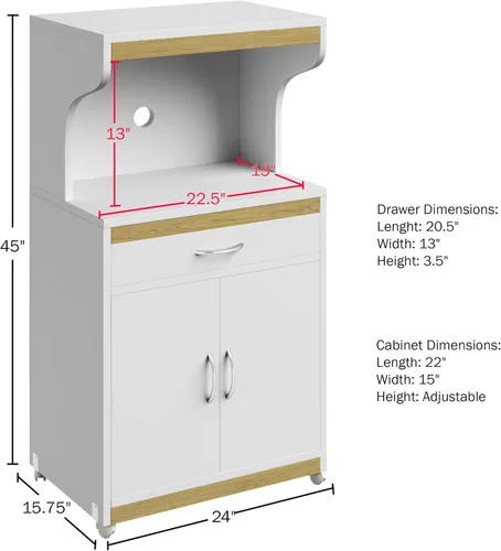 Vista 3 de Lavish Home - Soporte para microondas con cajón, armario de almacenamiento con puertas y ruedas de bloqueo, almacenamiento independiente de cocina