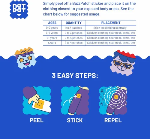 Vista 4 de NATPAT Buzz Patch - Calcomanías de parche de mosquitos para niños, ingredientes a base de plantas, no tóxicos, el parche original de aceite esencial