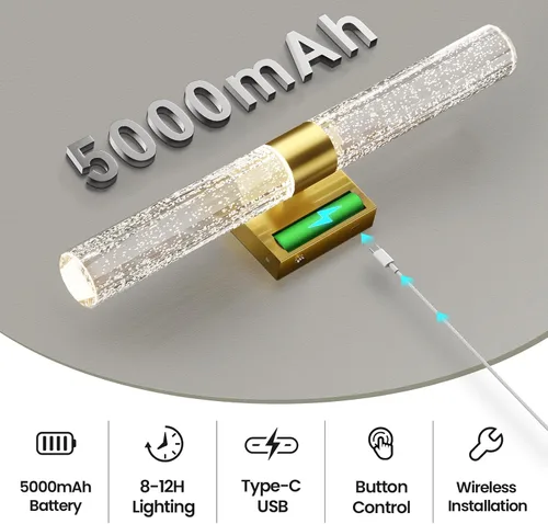 Vista 2 de Juego de 2 apliques de pared dorados que funcionan con pilas, juego de 2 apliques de pared inalámbricos recargables con control remoto, moderna