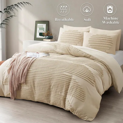 Vista 2 de BEDAZZLED Funda de edredón tamaño Queen, 5 piezas, juego de funda de edredón texturizada blanca, suave y transpirable, juego de funda de edredón