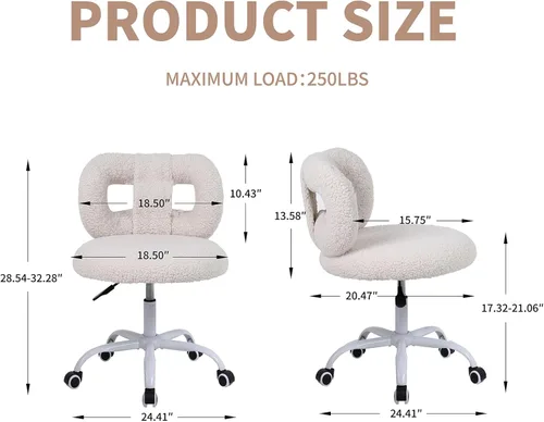 Vista 3 de Silla de Oficina en Casa de Cachemira Sintética Moderna, Silla de Escritorio de Altura Ajustable con Respaldo y Ruedas para Sala de Estar, Sillas