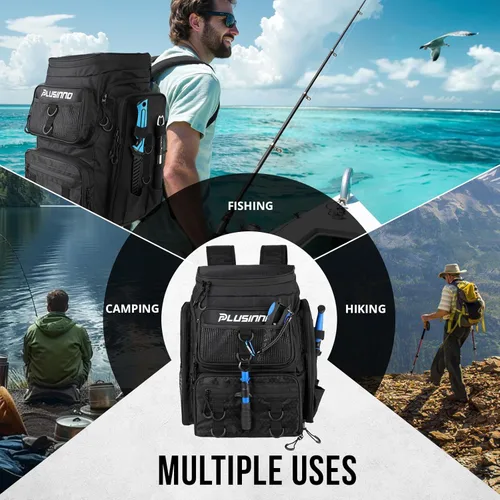 Vista 8 de PLUSINNO - Mochila de pesca con portacañas y caja de aparejos, 42L Bolsa grande resistente al agua para equipo de pesca