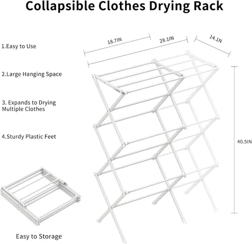 Vista 3 de Estante de Secado Plegable para Ropa, Estante de Secado de Ropa Plegable para Interior y Exterior, Estante de Secado de Ropa para Lavandería Blanco