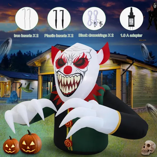 Vista 5 de Decoración inflable de Halloween de payaso de 7.5 pies, decoración al aire libre con luces LED, decoración inflable de vacaciones para patio al aire